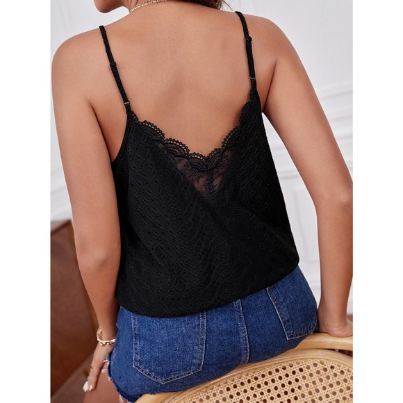 boho Eyelet Embroidery Contrast Guipure Lace Scallop Trim Cami tank Top white - Picture 10 of 11